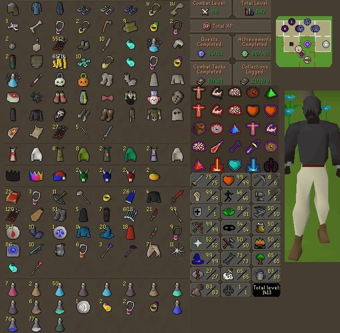 Combat 88 | Total Skill 1413 | 1 DEF | 99 STR | 99 RANGE | 99 MAGE | Fire Cape | 76 QP