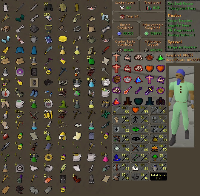 Total Skill 1525 | Combat 107 | 99 STR | 99 RANGE | 99 MAGE | 52 DEFENCE | 80 Attack