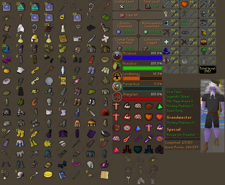 Total Skill 1957 | Combat 123 | 240 Quest Points | 99 ATK | 99 STR | 99 RANGE | 99 MAGE