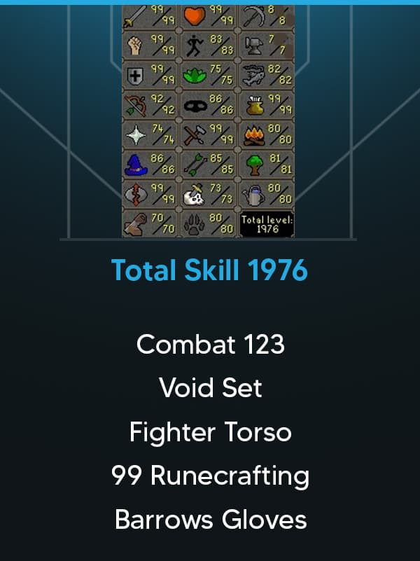 Combat 123 | Total Skill 1976 | Barrows Gloves | 99 Runecrafting | Void | Fighter Torso