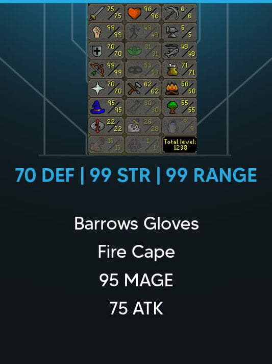 Combat 106 | Total Skill 1238 | 70 DEF | 99 STR | 99 RANGE | Barrows Gloves | Fire Cape