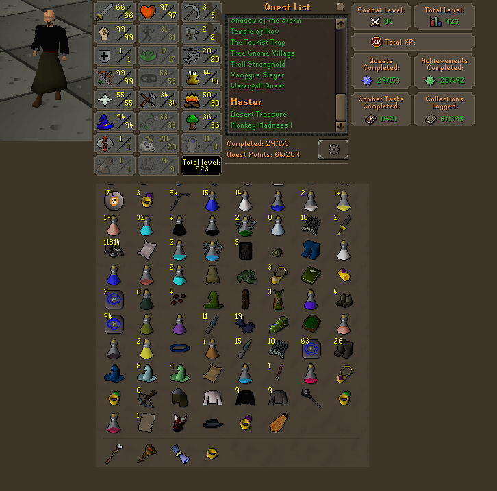 1 DEF Pure | Fire Cape | 99 STR | 94 MAGE | 99 RANGE | 923 Total Skill | 29 QP