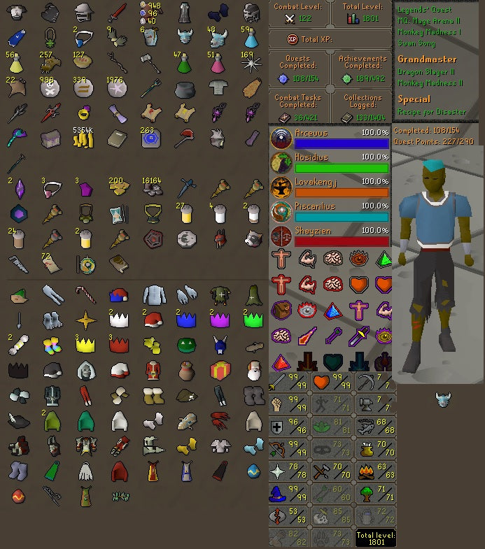 Total Skill 1801 | Combat 122 | 99 ATK STR HP RANGE MAGE | Elite Void | Barrows Gloves | Fire Cape