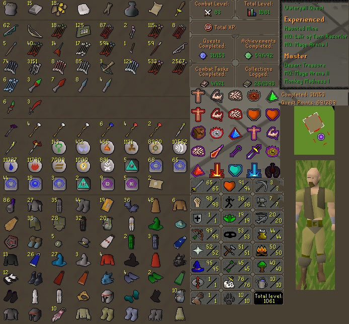 Total Skill 1061 | Combat 73 | 69 QP | 1 DEFENCE | 99 RANGE | 98 STR | 95 MAGE