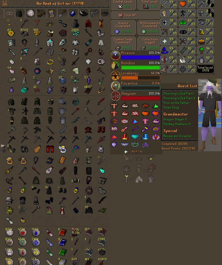 120M+ Bank | Fire Cape | 282 Quest Points | 1978 Total Skill | 124 Combat | 99 ATK | 99 STR | 99 RANGE | 99 MAGE | 99 Slay
