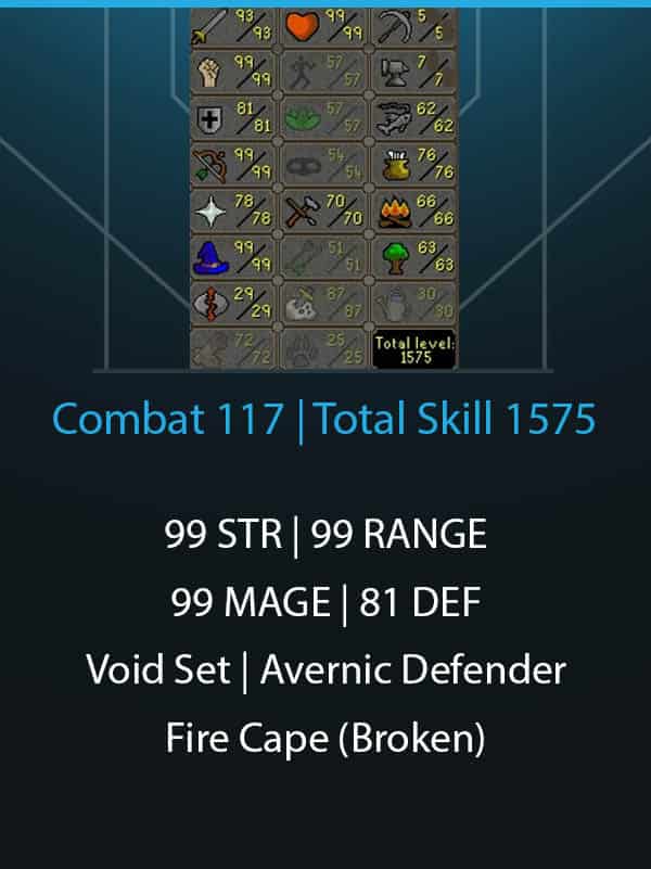 Combat 117 | Total Skill 1575 | 89 Quest Points | 99 STR | 99 RANGE | 99 MAGE | Void Set