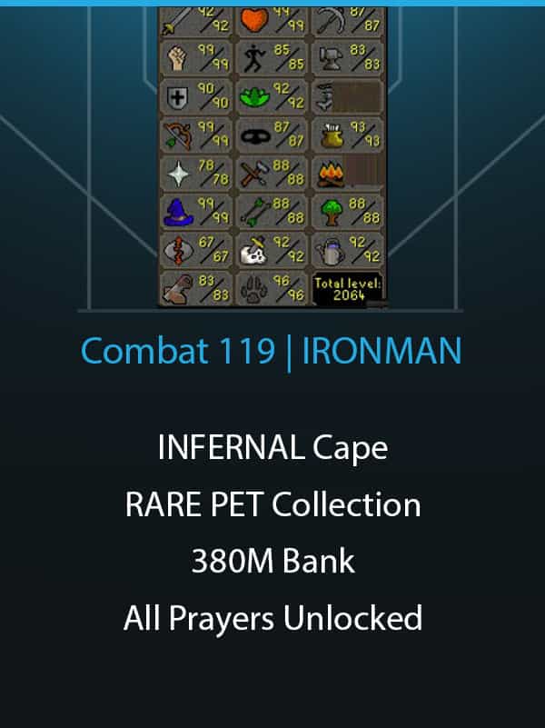 IRONMAN | Combat 119 | Total SKill 2064 | INFERNAL Cape | Great Pet Collection