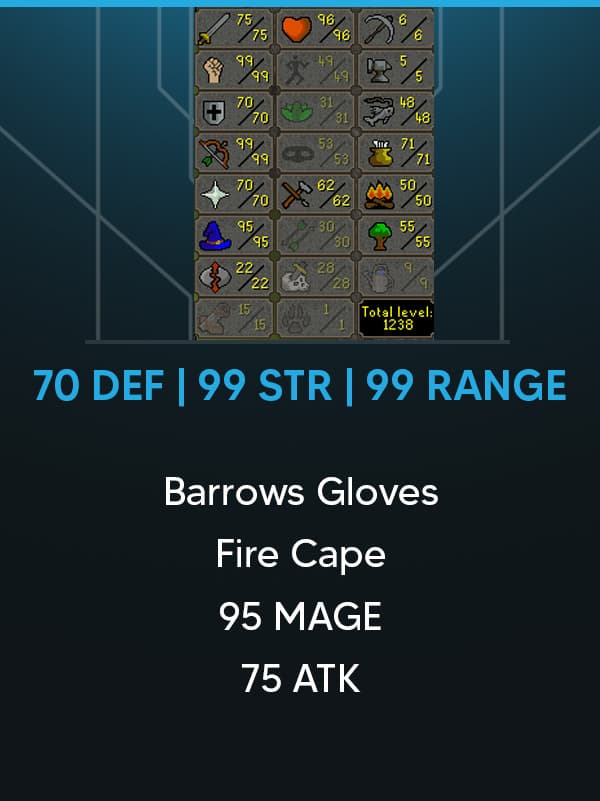 Combat 106 | Total Skill 1238 | 70 DEF | 99 STR | 99 RANGE | Barrows Gloves | Fire Cape