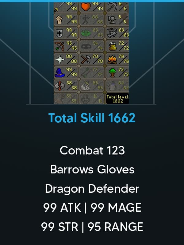 Combat 123 | Total Skill 1662 | 99 ATK | 99 STR | 99 DEF | 99 MAGE | Barrows Gloves