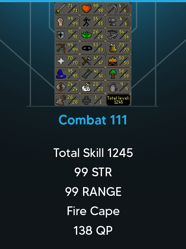 Combat 111 | Total Skill 1245 | 99 STR | 99 RANGE | 95 MAGE | Fighter Torso | Fire Ccape