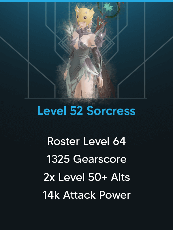 Roster 64 | Level 52 Sorcress | US East | 1325 Gearscore | 2x 50+ Alts