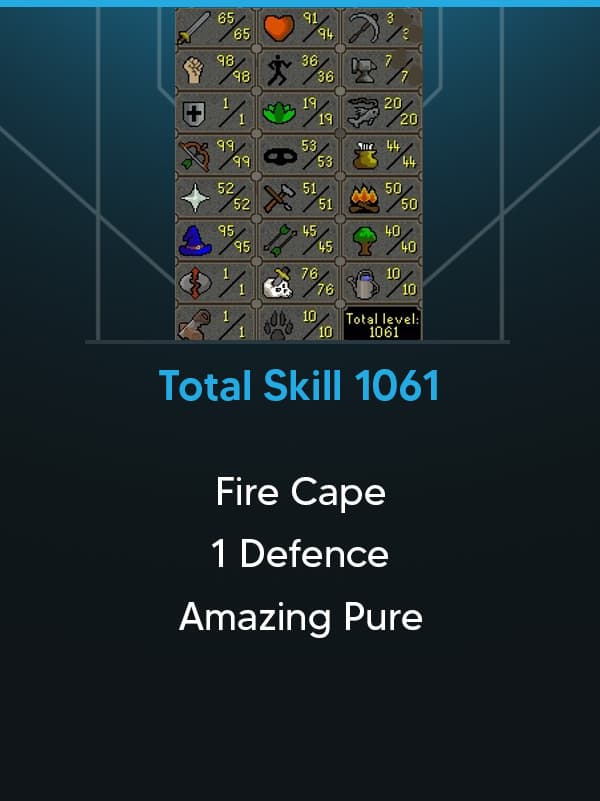Total Skill 1061 | Combat 73 | 69 QP | 1 DEFENCE | 99 RANGE | 98 STR | 95 MAGE