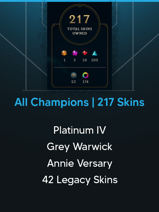 Platinum IV Previous Season | All champions | 217 Skins | Great Warwick | Annie Versary