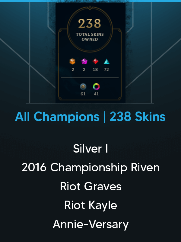 North American | Silver I Previous Season | All Champions | 238 Skins | Championship Riven 2016