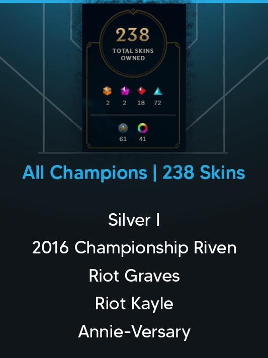 North American | Silver I Previous Season | All Champions | 238 Skins | Championship Riven 2016