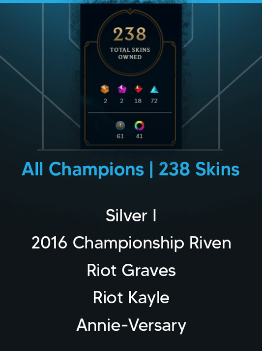 North American | Silver I Previous Season | All Champions | 238 Skins | Championship Riven 2016