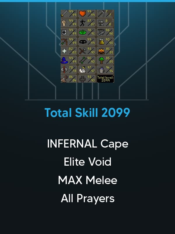 INFERNAL CAPE | Total Skill 2099 | Combat 124 | 275 QP | Elite Void | Avernic | 28M Bank