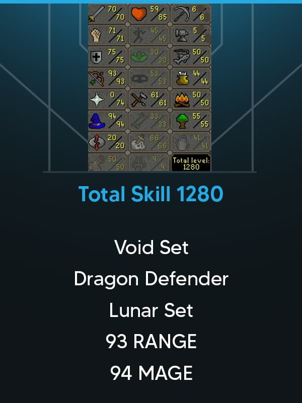 Total Skill 1280 | Combat 95 | Dragon Defender | Void Set | Lunar Set | 93 RANGE | 94 MAGE | 75 DEF