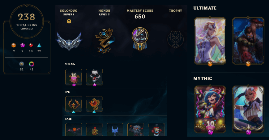 North American | Silver I Previous Season | All Champions | 238 Skins | Championship Riven 2016